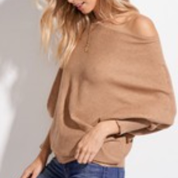 Off Shoulder Knit Slouchy Sweater in Camel - Picture 2 of 2